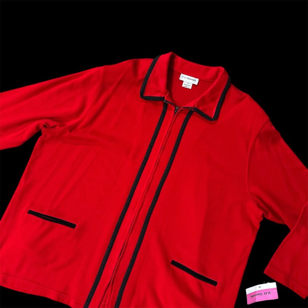 Vintage Womens 3X Red Cardigan Jacket Black Trim CD Daniels 1990s Shoulder Pads